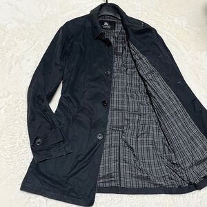 極希少XLサイズ◎バーバリーブラックレーベル BURBERRY BLACK LABEL ステンカラーコート ノバチェック レザー使い ジャケット ブラック 黒