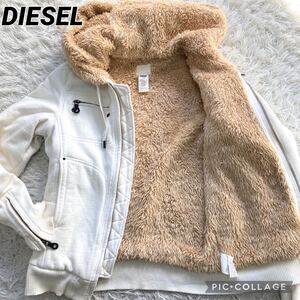 希少 DIESEL ディーゼル ボアパーカー ライダース ブルゾン ジャケット 白 ホワイト ロゴ刺繍 刻印ジップ メンズ 