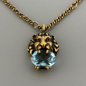 GUCCI グッチ ライオン ヘッド ネックレス ストーンクラック アクセサリー ゴールド/水色 メンズ レディース【中古】