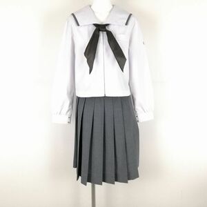 1円 セーラー服 スカート スカーフ 上下3点セット 中間服 グレー1本線 女子 学生服 鹿児島西陵中学 白 制服 中古 ランクC NA6797