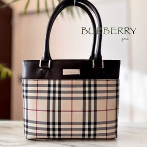 極美品 BURBERRY バーバリー レザートートバッグ＊ノバチェック レディース 牛革 本革 ブラウン 茶 ハンド フォーマル