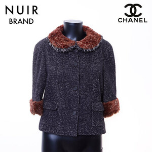 シャネル CHANEL ジャケット Size:42ココボタン 兎毛襟　05A ブラック ブラウン