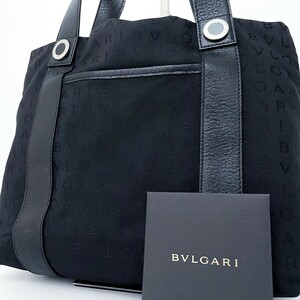 1円■未使用級■BVLGARI ブルガリ 総ロゴ キャンバス スタッズ トートバッグ ビジネス 肩掛け可 メンズ レディース レザー ブラック 黒