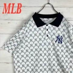 【MLB】半袖ポロシャツ☆2XL☆白☆NY刺繍☆総柄