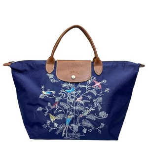 LONGCHAMP ロンシャン ルプリアージュ トートバッグ ハンドバッグ 手持ち鞄 肩掛け 鳥の刺繍入り ナイロン レザー ネイビー マルチカラ?