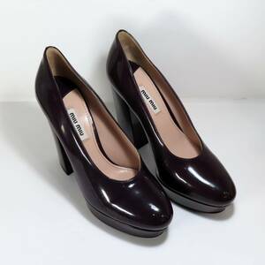 美品 miu miu ミュウミュウ パンプス 37 24cm エナメル パープル レディース 靴 箱 シューズボックス