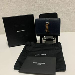 美品　SAINT LAURENT サンローラン コンパクトウォレット 折り財布　YSL ネイビー系　箱付き　金ロゴ