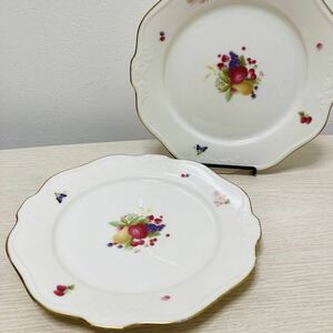 Noritake ノリタケ パーティー皿 2枚セット 果物柄レトロ ヴィンテージ 可愛いフルーツ柄 ケーキ皿 平大皿 コンテンポラリー 金縁プレート