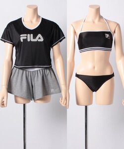 11号Lサイズ 新品 フィラ FILA ブラトップ、ビキニショーツ、カバーアップTシャツ、ショートパンツ４点セット水着 (黒）送料無料レディース