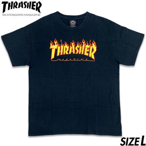 稀少■THRASHER (スラッシャー) ファイヤーパターン ロゴ プリント 半袖Tシャツ 黒ブラック L スケーター オールド 古着 ヴィンテージ