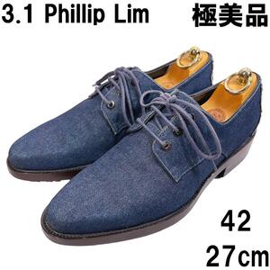 【極美品】3.1 Phillip Lim デニム シューズ 42 27cm インディゴ 外羽根 プレーントゥ 革靴 紺 ネイビー スリーワン フィリップリム