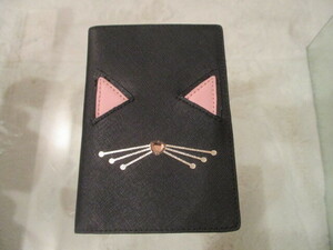 ◆ケイトスペード　猫モチーフ　黒レザーカードケース　新同◆