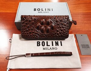 逸品*イタリア製※定価15万◆イタリア・ミラノ発*BOLINI/ボリニ・最上級牛革・クロコダイル*ラウンドファスナー 長財布・茶色