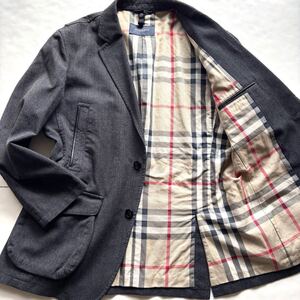 【極美品 XLサイズ】バーバリー BURBERRY テーラードジャケットレザー切替 ヘリンボーン ノバチェック ギガチェック 三陽商会 チャコール