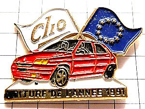 ピンバッジ・ルノー赤いクリオ車ユーロ旗◆フランス限定ピンズ◆レアなヴィンテージものピンバッチ