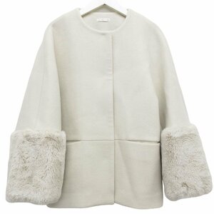 美品 22AW ESTNATION エストネーション ウール エコファー ノーカラー ショートコート 38 アイボリー ◆