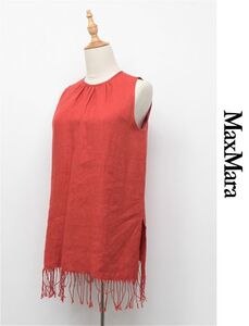 HGB-J338/白タグ MAXMARA ノースリーブブラウス リネン ロング丈 フリンジ サイドスリット クルーネック 34 XS 赤 イタリア製