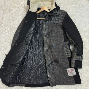 美品!!XLサイズ●HarrisTweed ハリスツイード クレイジーパターン ツイード ダッフルコート キルティング ボア ヘリンボーン 千鳥 グレー