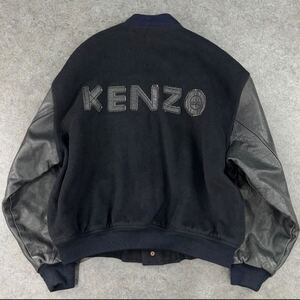 90s Vintage KENZO JEANS Stadium Leather Jumper Black ヴィンテージ ケンゾー 袖革スタジャン ブルゾン 葛飾北斎 北斎 ブラック 黒 F