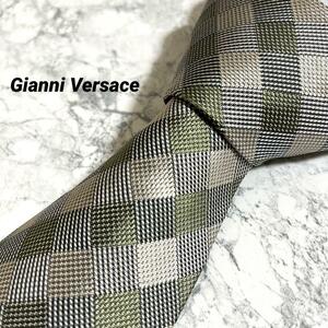 1円　激レア Gianni Versace ジャンニヴェルサーチ　ブランドネクタイ シルク100％ 入手困難　緑　グレー　チェック柄　