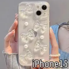 iPhone15ケース クリア リボン パール 韓国