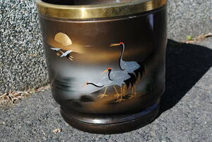 高岡銅細工　手彫り彫金　夕焼けに　鶴　銅製火鉢　一対　元箱　