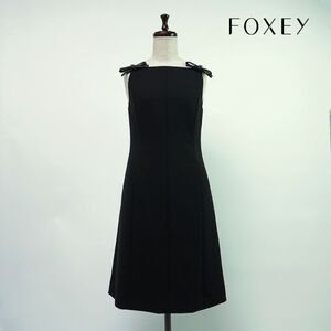 美品 FOXEY フォクシー 肩リボン キャミソール膝丈Aラインワンピース 裏地あり レディース 黒 ブラック サイズ38*OC242