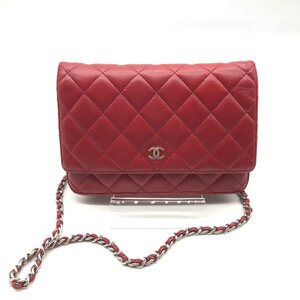 1円 CHANEL シャネル ココマーク マトラッセ ラムスキン チェーン ウォレット ショルダー バッグ レッド a6024