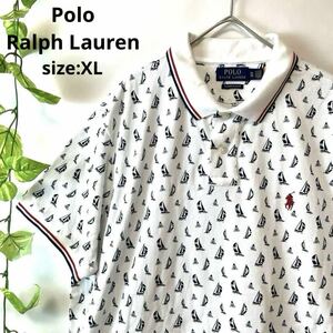 美品 XLサイズ 近年モデル Polo Ralph Lauren ポロラルフローレン 半袖ポロシャツ ワンポイント胸ロゴ ポニー刺繍ロゴ ヨット柄総柄 メンズ