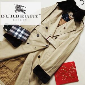 e16★17万未使用タグ付き　エレガントファー●BURBERRY LONDON●高貴なコーデ〜高級ファートレンチコートバーバリーコート レディース46 