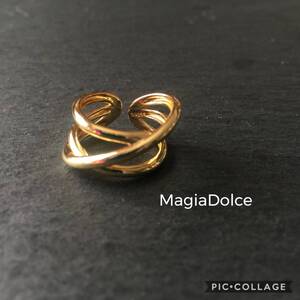 送料無料*MagiaDolce 5573●silver925刻印あり トリプルクロスゴールドリング フリーサイズ シルバー925リング ゴールドイヤーカフ