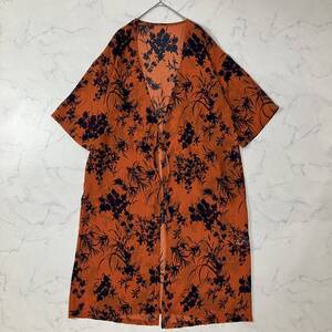 美品 AZUL BY MOUSSY アズールバイマウジー 植物柄 腰紐 ウエスト調整可能 ポケット スリット 透け感 五分袖 ロング 羽織 コート F