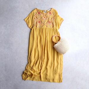 ZARA / エスニック 刺繍 ロングワンピース エンブロイダリー S 半袖 花柄 マスタード イエロー タッセル 春夏 夏物 レディース