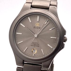 【稼働】ELGIN エルジン チタン FK370 デイト クォーツ メンズ腕時計 10-109-D