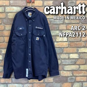 ★USA直輸入★メキシコ製★良品＆正規品★【carhartt カーハート】難燃性最上級FR NFPA2112 ワッペン付き ワークシャツ【US L】濃紺 K3-290