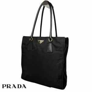 031 極美品 PRADA プラダ トートバッグ ハンドバッグ テスートナイロン 肩掛け ブラック系 黒 金枠プレート 三角ロゴ