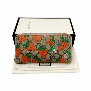 【良品】グッチ GUCCI 573865 GGスプリーム ストロベリー ジップウォレット ラウンドファスナー 長財布 イチゴ ピンク