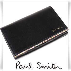 新品1円～★ポールスミス Paul Smith 牛革レザー名刺入れ カードケース 黒 ブラック シグネチャーストライプ ティッピング 本物 ◆3923◆