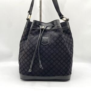 1円 ◎極美品◎ CELINE セリーヌ ショルダーバッグ 巾着 トリオンフ 黒マカダム 総柄 ブラック キャンバス レザー ロゴ 金具 レディース