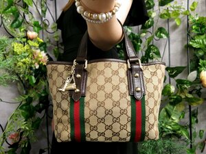 ●超美品●GUCCI グッチ●シェリー●チャーム●GGキャンバス カーフ レザー 本革●ミニ トート バッグ●ベージュ ブラウン●G金具●Js47687