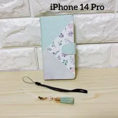 iPhone 14 Pro 手帳型ケース グリーン 可愛い ストラップ付き