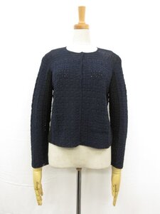 HH超美品【PAULE KA ポールカ】レース風編み柄 ノーカラーニットカーディガン (レディース) sizeS ネイビー×ブラック □33LN5457□