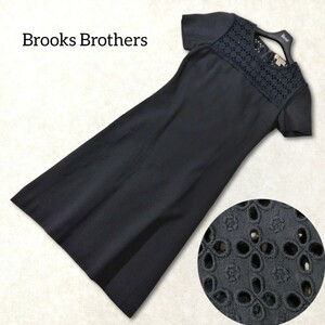 44 【美品】 Brooks Brothers ブルックスブラザーズ レース 半袖 ワンピース XS S ネイビー 紺色 フォーマル 膝丈 半袖 シンプル 無地 