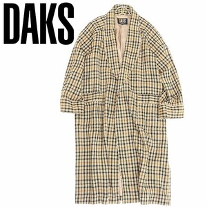 ◆DAKS ダックス チェック柄 ショールカラー ウール ロング コート ベージュ L