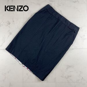 KENZO ケンゾー ウール混 ピンストライプタイトスカート 膝丈 裏地花柄 裏地あり 黒 ブラック サイズ40*IC778