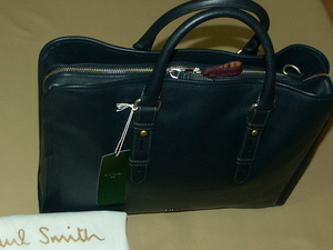 313-Ｎ　新品本物即決　ポールスミス　Paul Smith　2WAY　高級　牛革　ビジネスバッグ　ショルダー付き　保存袋付き　通勤鞄　ネイビー