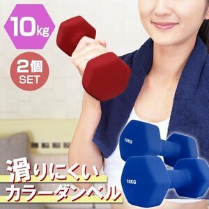 【2個セット/ブルー】滑りにくい カラー ダンベル 10kg 筋トレ エクササイズ 宅トレ シンプル ウエイトトレーニング ダイエット 新品