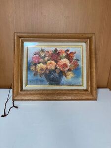 手書き油絵 花瓶の花 額付 絵画 インテリア 油彩画　 油彩 油絵 アート 壁掛け 薔薇　美術品