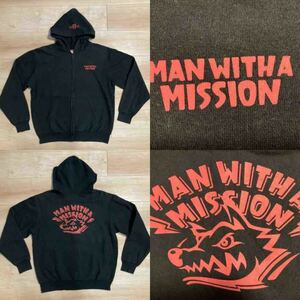 MAN WITH A MISSION マンウィズアミッション 裏起毛 ジップパーカー L ブラック フーディ トレーナー ロゴ バックプリント スウェット