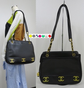 〔COLOURS〕 ヴィンテージ■トリプルココ■チェーンショルダーバッグ■ラムスキン■ブラック×ゴールド金具■ＣＨＡＮＥＬ